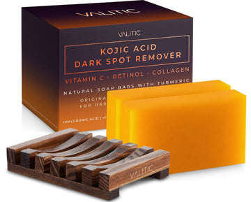 Valitic, Kojic Acid Dark Spot Remover Soap Bar with Vitamin C, Retinol, Collagen, Turmeric, 2-Pack with Holder