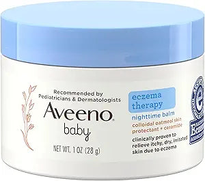 Aveeno Baby Eczema Therapy Nighttime Moisturizing Balm, Colloidal Oatmeal & Ceramide, Soothes & Relieves Dry, Itchy Skin from Eczema, Hypoallergenic, Fragrance-Free, Travel Size, 28g