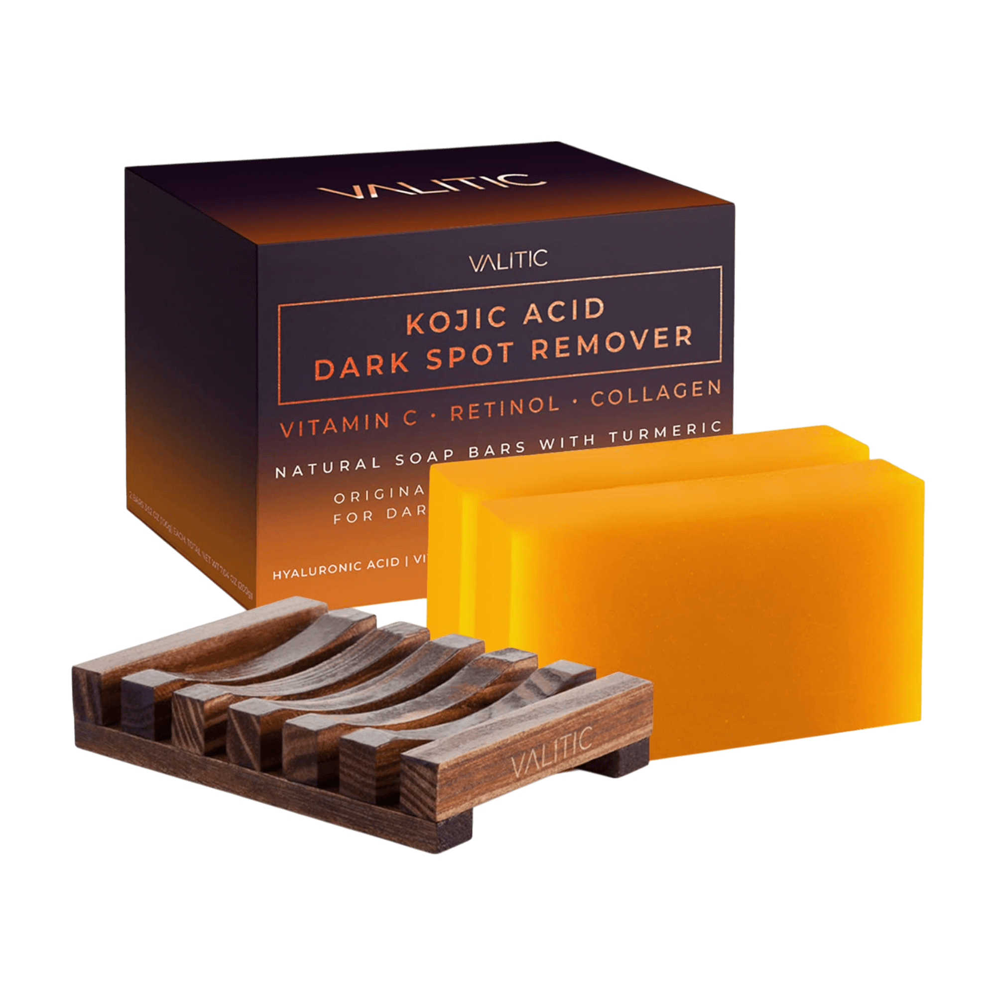 Valitic, Kojic Acid Dark Spot Remover Soap Bar with Vitamin C, Retinol, Collagen, Turmeric, 2-Pack with Holder