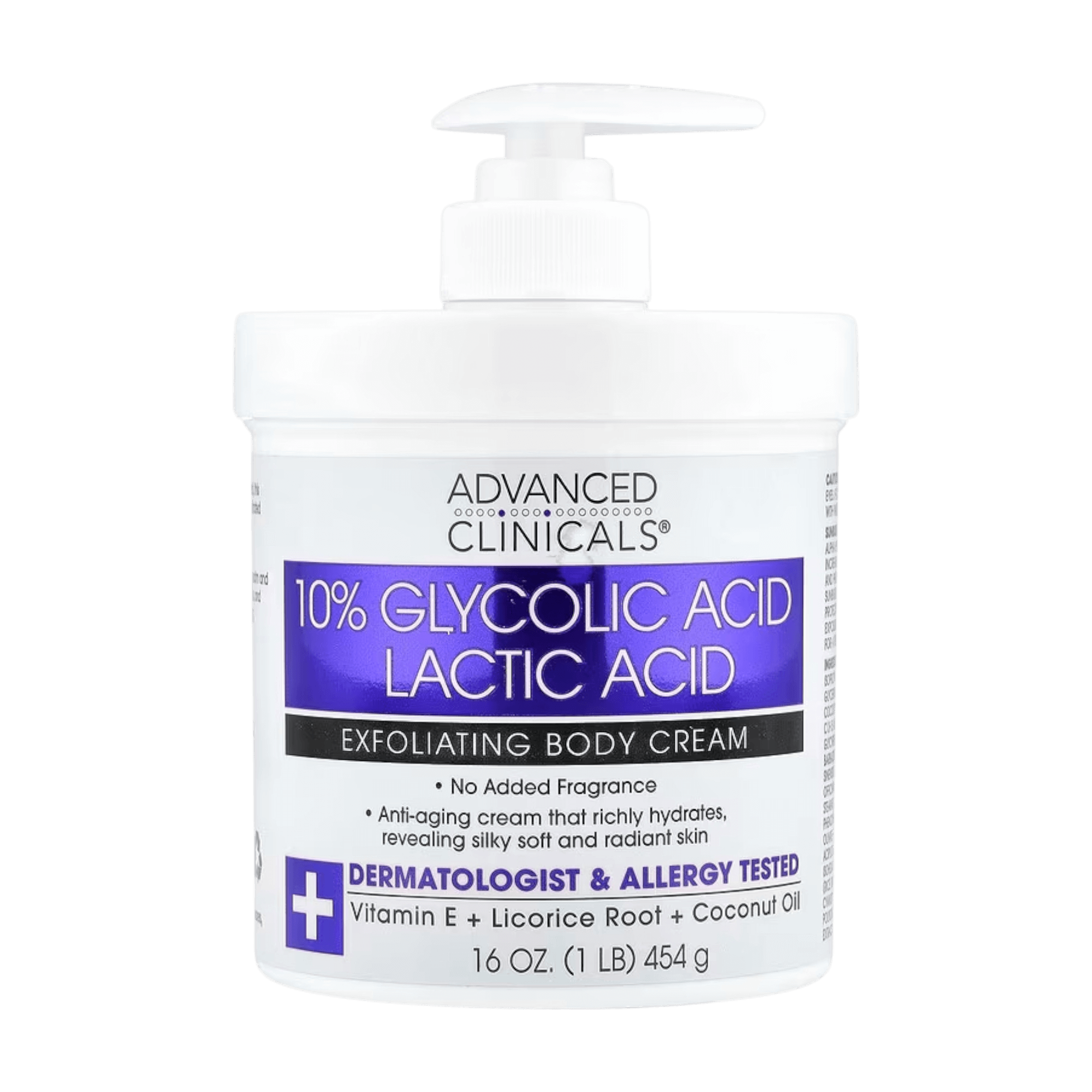 Advanced Clinicals, Exfoliating Body Cream, 10% Glycolic + Lactic Acid, 454g