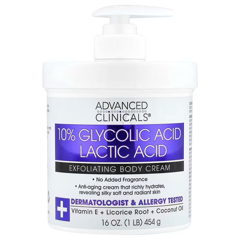 Advanced Clinicals, Exfoliating Body Cream, 10% Glycolic + Lactic Acid, 454g