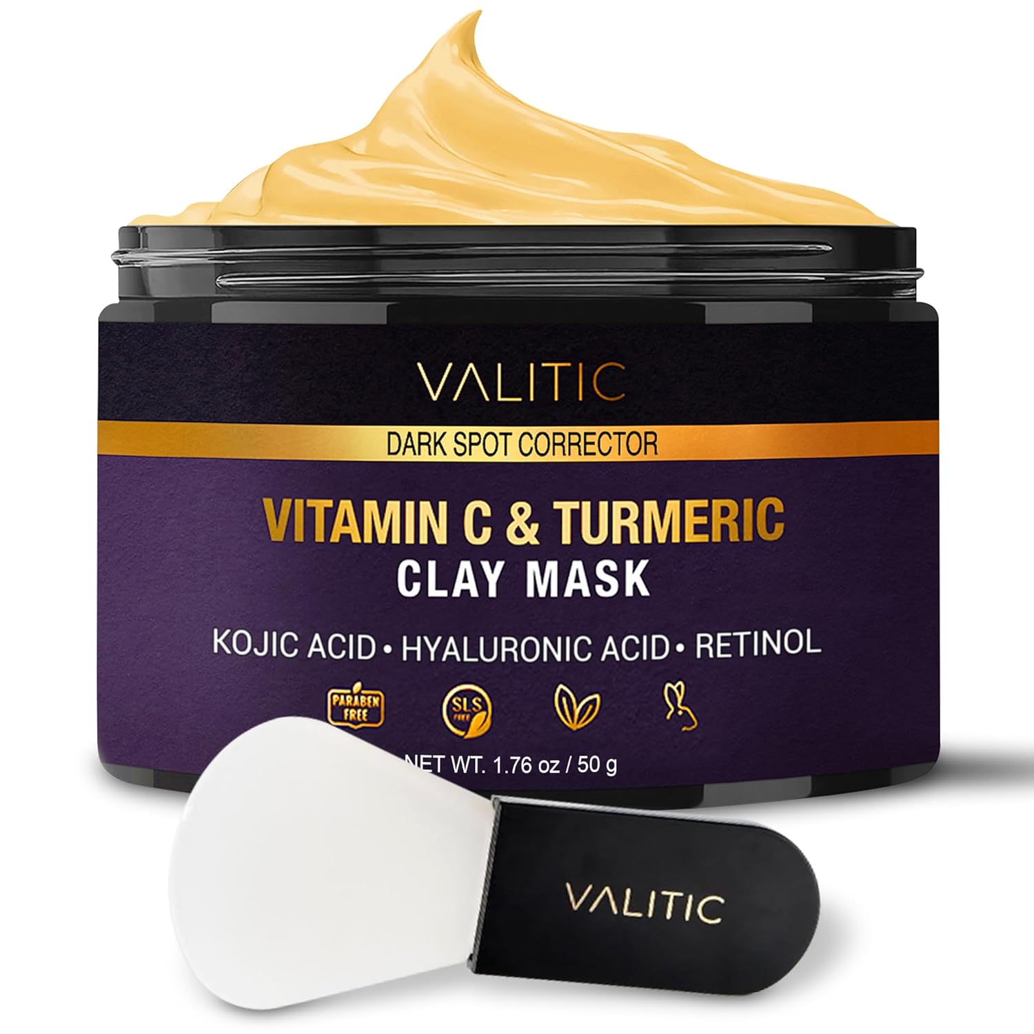 Valitic, Vitamin C & Turmeric Clay Mask, Dark Spot Corrector with Kojic Acid, Hyaluronic Acid & Retinol, 50g