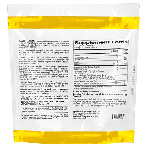 California Gold Nutrition, GLP-1 Support Formula with Hydrolyzed Marine Collagen Peptides, Prebiotic Digestive Resistant Fiber Blend Unflavored