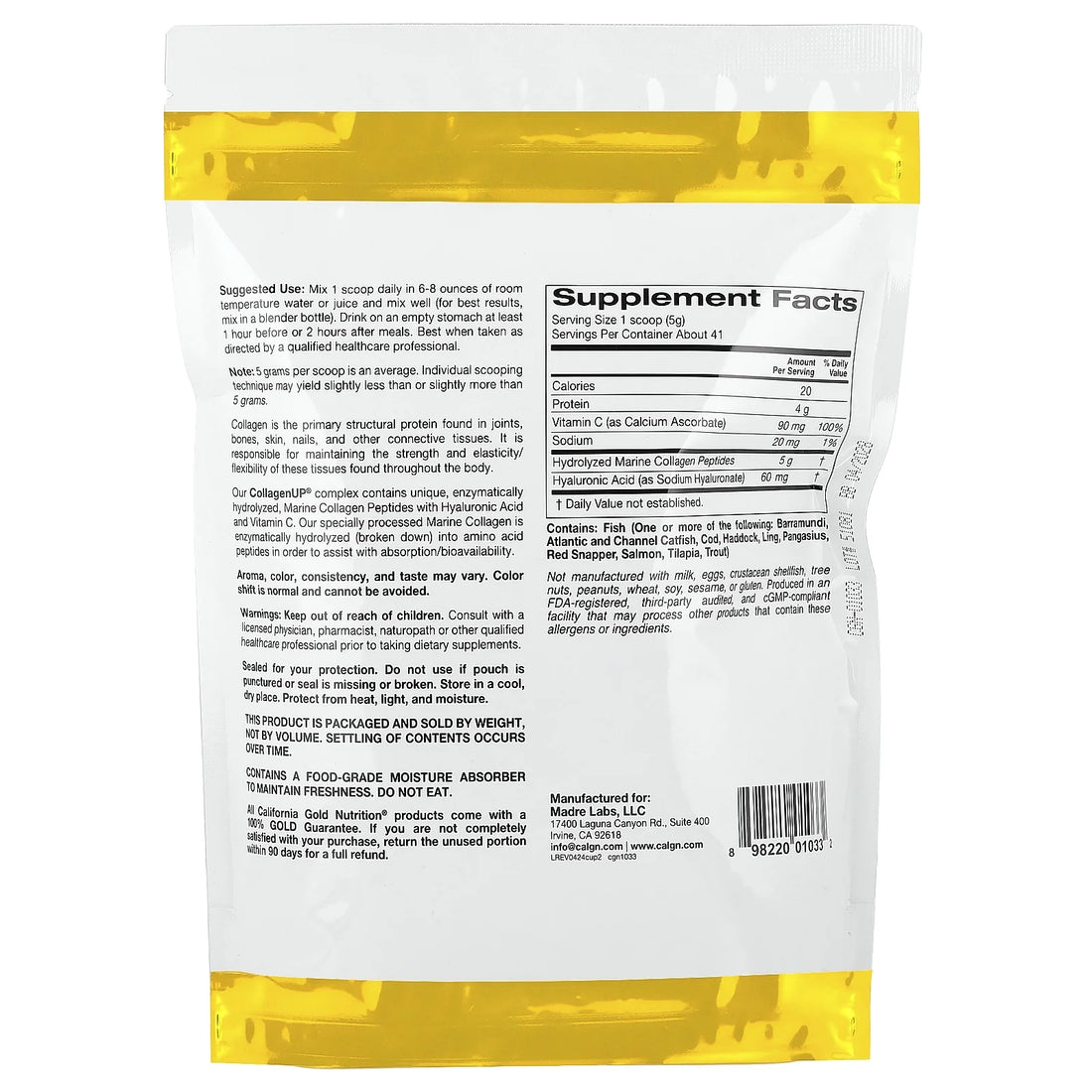 California Gold Nutrition CollagenUP®, Hydrolyzed Marine Collagen Peptides with Hyaluronic Acid and Vitamin C, Unflavored